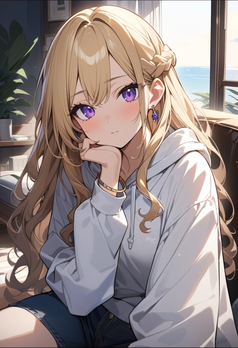 masterpiece, best quality, extremely detailed, ultra detailed, flat anime, 2D,
1girl, (young adult:1.2),blonde hair, (semi-long hair:1.2), curly hair, french braid, medium breasts, purple eyes, tsurime, height 1.7meters, 
white hooded sweatshirt, jeans,  earring,bracelet, long sleeves,socks,
Chin in hand.,jitome,very interesting,
upper body, portrait, 
summer, livingroom, 12AM., standing