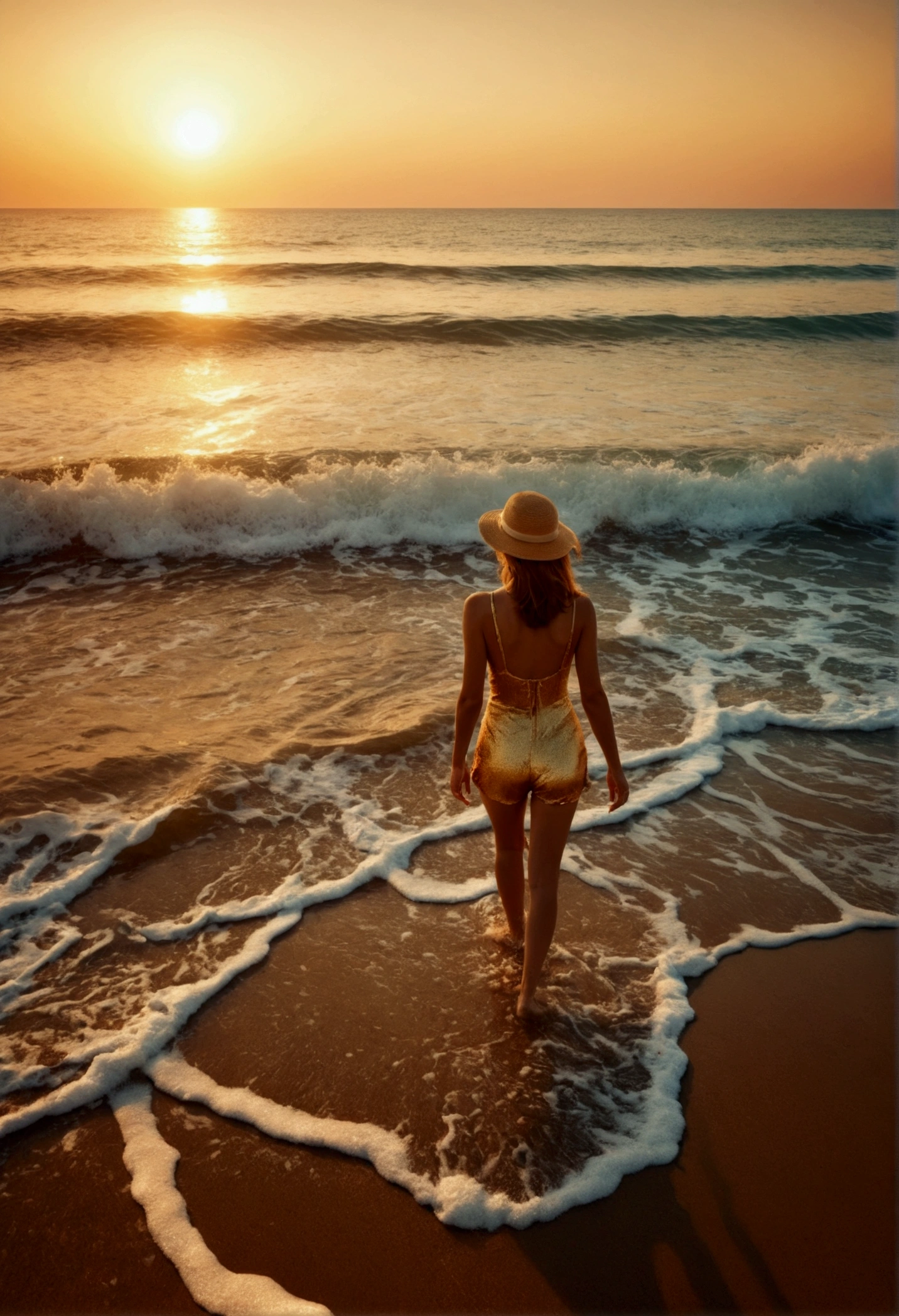 photograph shot on Lomography X-Pro 200),quality\(8k,wallpaper of extremely detailed CG unit, masterpiece,hight resolution,top-quality,top-quality real texture skin,hyper realisitic,increase the resolution,RAW photos,best qualtiy,highly detailed,the wallpaper,cinematic lighting,ray trace,golden ratio,very aesthetic, absurdres\), BREAK , 1young lady\(young,beautiful,clean,healthy\) walking happily on the beach\(very detailed and beautiful crystal clear sea and waves, many coral reefs,colorful seashells\),golden hour