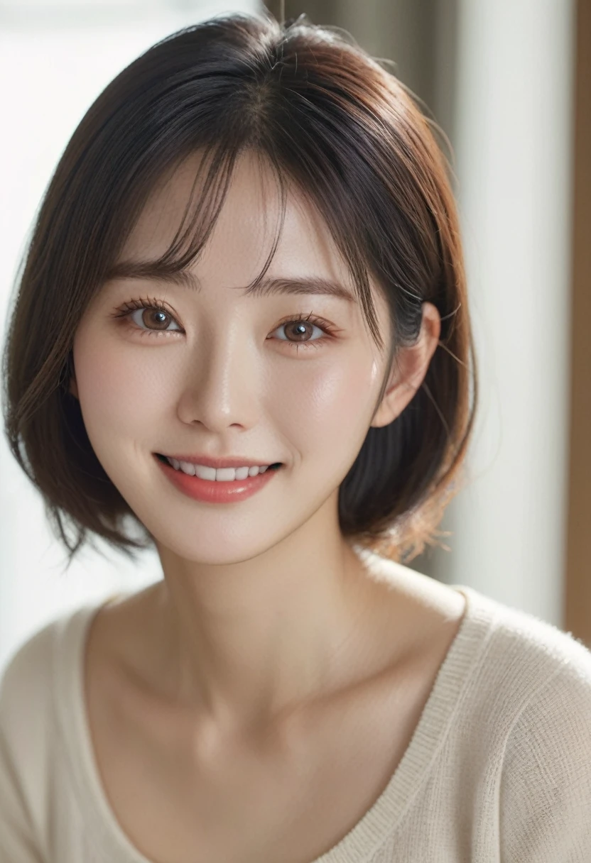 Best Quality, 8k, Masterpiece, (Portrait: 1.3), (photo realistic:1.4), (hyper realistic:1.4), Sharp Focus, looking at viewer, (smoother lighting:1.1), (increase cinematic lighting quality:0.9), realistic lighting, backlighting, light on face, ray trace, (brightening light:1.2), (Increase quality:1.4), sharp detail, (best quality real texture skin:1.4), finely detailed eyes, black_eyes, finely detailed face, 25 year old Korean woman,smiling_face