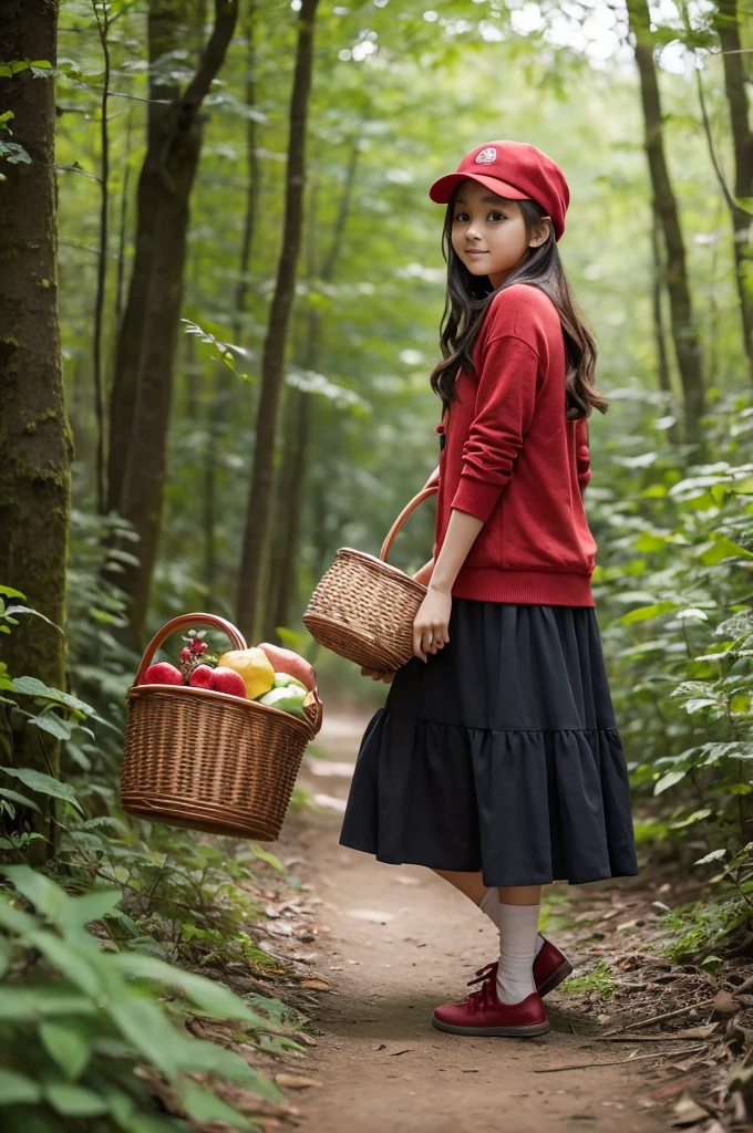 A girl in a red cap walks through the forest with a basket in her hand.