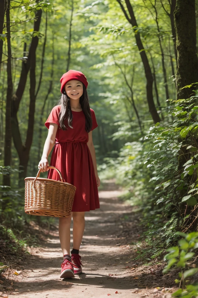 A girl in a red cap walks through the forest with a basket in her hand.