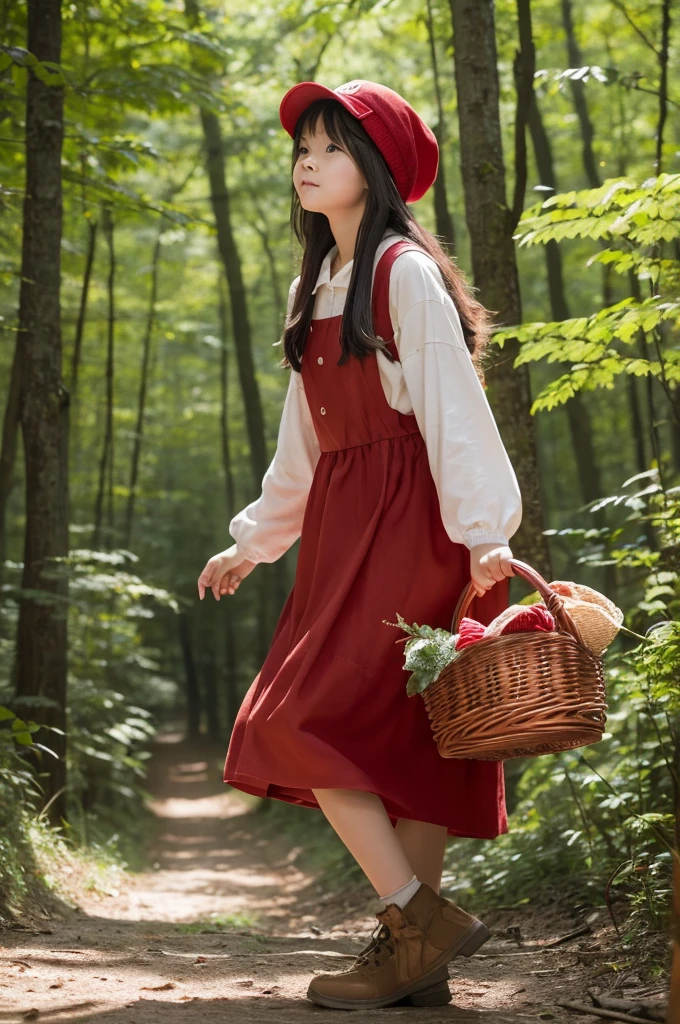 A girl in a red cap walks through the forest with a basket in her hand.