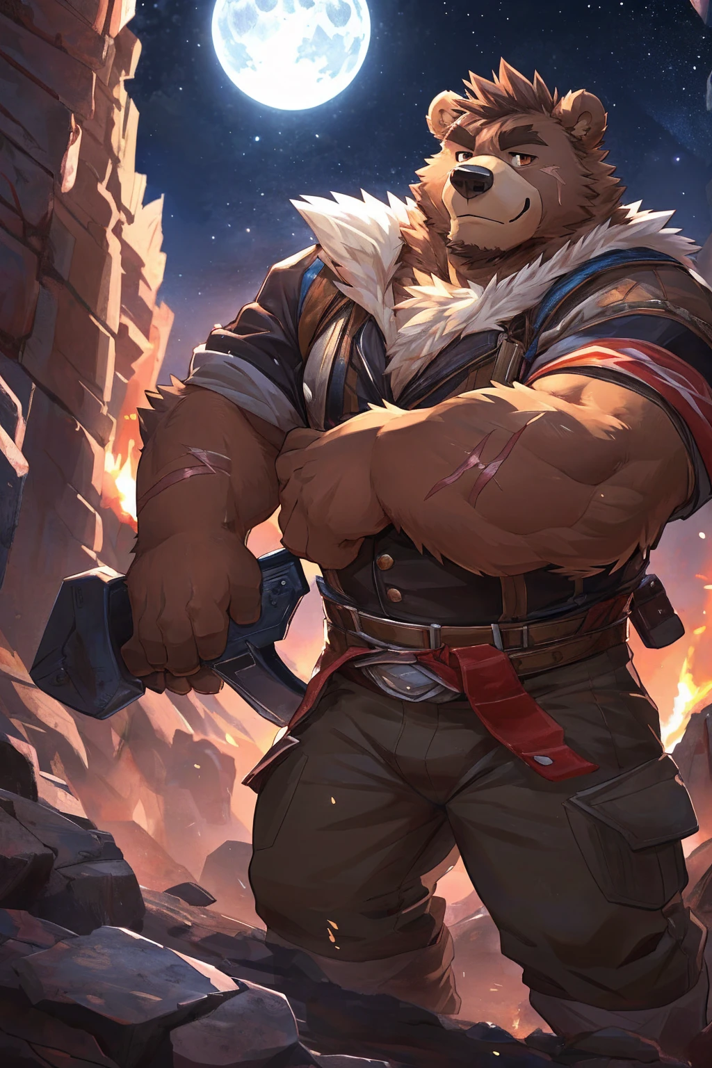 human nature, Wildlife, male,36 years old，Uncle， solitary, ((Round Face, The face is plump,Orange eyes,thick brown hair，Furry little ears with scars)), ((Endomorph, Handsome的，Hot Blood)), （construction worker，White architectural clothing，Holding a military long knife), ((domestic brown bear, Bear Orc，) Fluffy fur, Fluffy), Bokeh, (high quality, high resolution, masterpiece), (Dynamic Lighting, Vibrant colors，Natural fill light), (Revitalize，Handsome，), Full body picture (close up), cartoon, author：Takemoto Arashi, From zixiong, By Chunni, author：Empty Ghost，moonlight，Watching the stars on the cliff，Lean on your teammates&#39; backs，Two-player combat，Night，Surrounded，Beautiful starry sky，（background：moonlight的悬崖边）