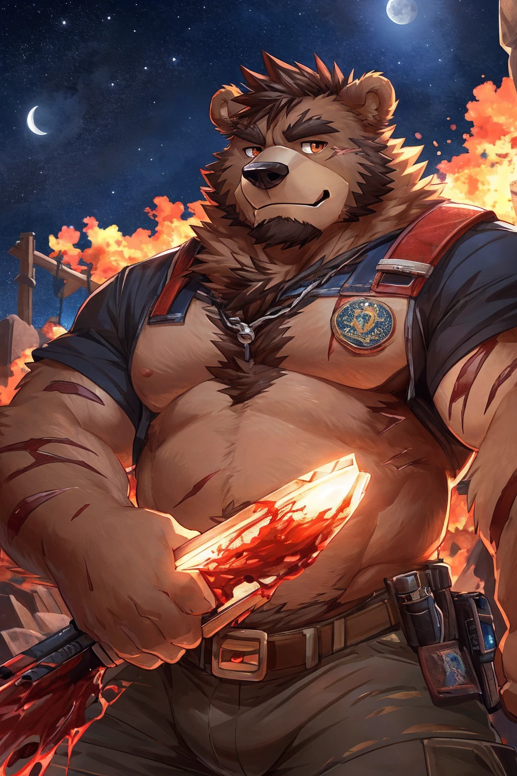 human nature, Wildlife, male,36 years old，Uncle， solitary, ((Round Face, The face is plump,Orange eyes,thick brown hair，Furry little ears with scars)), ((Endomorph, Handsome的，Hot Blood)), （construction worker，White architectural clothing，Holding a military long knife), ((domestic brown bear, Bear Orc，) Fluffy fur, Fluffy), Bokeh, (high quality, high resolution, masterpiece), (Dynamic Lighting, Vibrant colors，Natural fill light), (Revitalize，Handsome，), Full body picture (close up), cartoon, author：Takemoto Arashi, From zixiong, By Chunni, author：Empty Ghost，moonlight，Watching the stars on the cliff，Lean on your teammates&#39; backs，Two-player combat，Night，Surrounded，Beautiful starry sky，（background：moonlight的悬崖边）