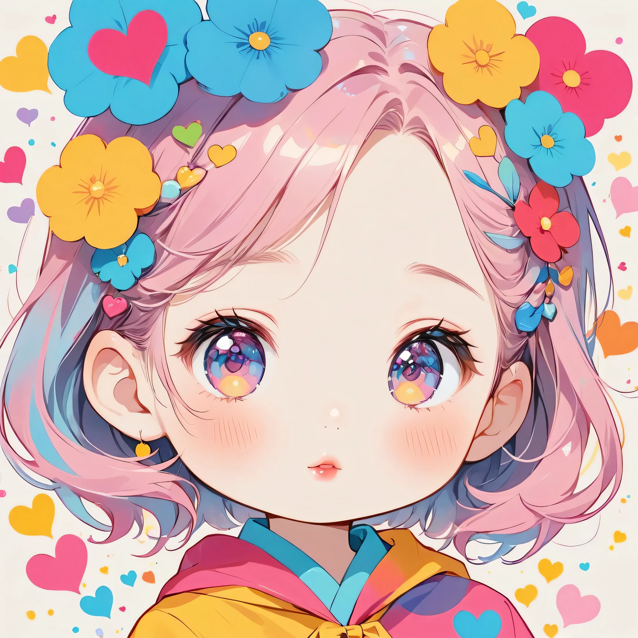 Hayao Miyazaki pastel color style, Simple Line Initialism，Abstract art，Urban Background, (((The most beautiful girl of all time))), chibi, Sweet face. Lips in love, colorful hearts, kawaii design