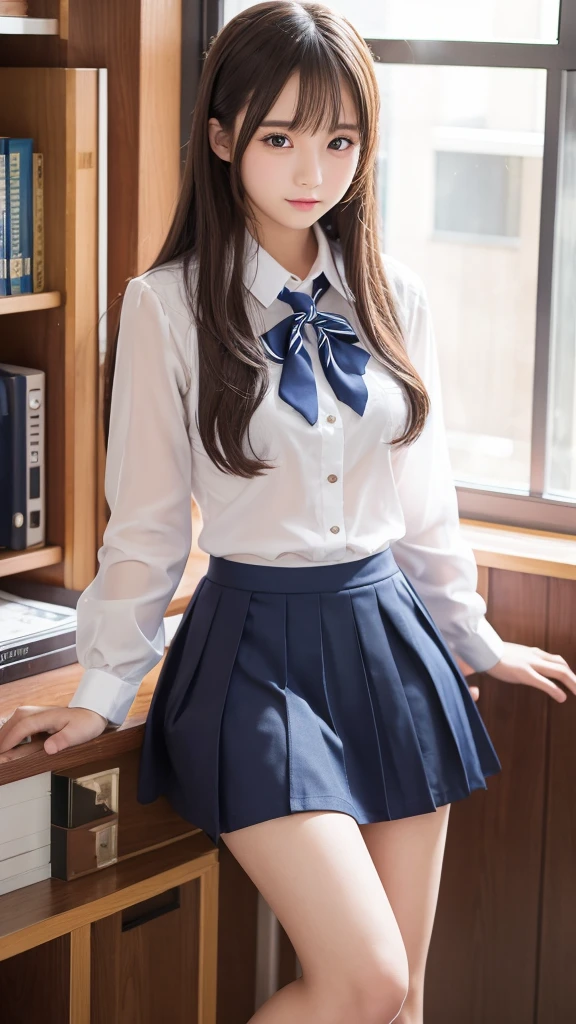 beautiful girl、high school girl、Idol、uniform、mini skirt、See-through、sit