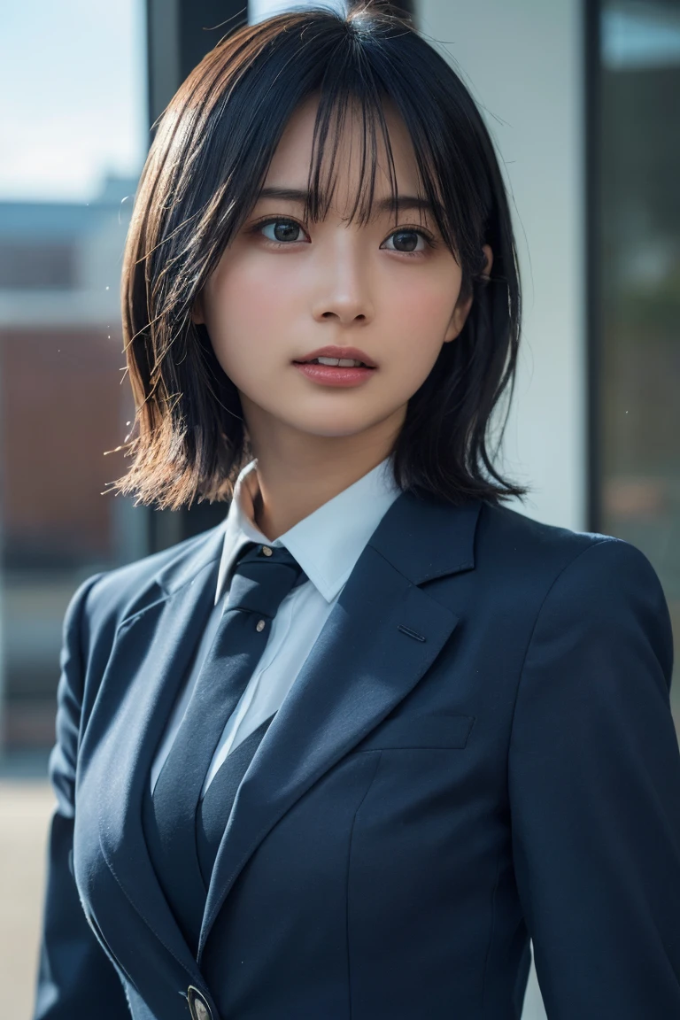 (8K, Raw photo, Highest quality, masterpiece:1.2), (Realistic, Photorealistic:1.37), Ultra-detailed, Ultra-high resolution, 1 girl, Seeing the viewer, Beautifully detailed face, Laughter, narrow, (Slim waist) :1.3), shortcut, Beautifully detailed skin, Skin texture, Dark hair, Short hair, Bob, Professional Lighting, (Wear an elegant business suit:1.3), Human whole body