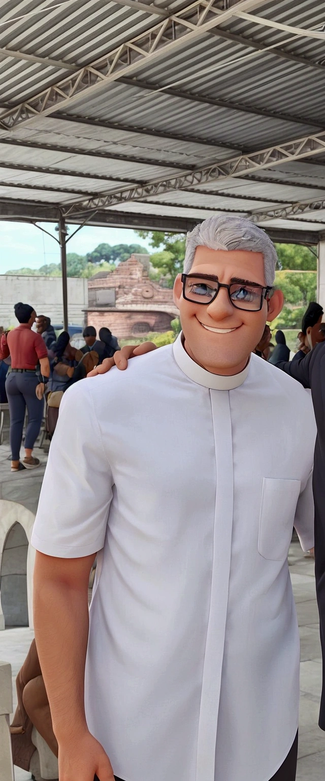 A tall man, strong body, smiling, black glasses, no beard, short gray hair, wearing a priest's outfit and on a white background
