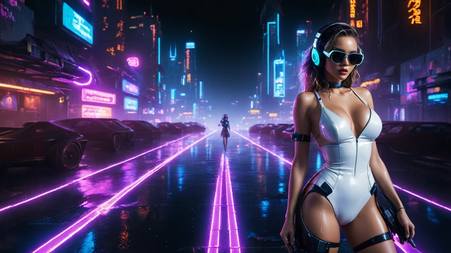 (aerial view, a flying cars docking platform, a very dark abandoned futuristic city, neon lights), rainy night. (((1girl, solo, alone))), large-breast:1.2 slim body, cleavage:1.1, sexy wind blowing wet dress:1.4, (((headphone, black sunglasses, standing and holding pistol:1.8, dynamic rushing pose))), (((((half-body thigh level medium shot))))), cinematic lighting, lens flare, ray tracing.