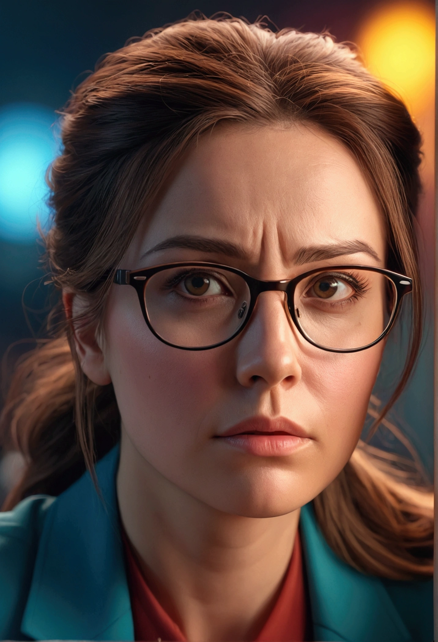 A woman wearing glasses sits looking nervous, detailed facial features, high quality, vibrant colors, cinematic lighting, 8k, photorealistic, digital art, concept art