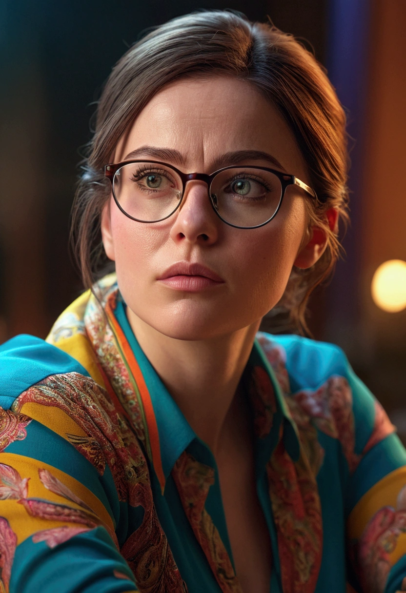 A woman wearing glasses sits looking nervous, detailed facial features, high quality, vibrant colors, cinematic lighting, 8k, photorealistic, digital art, concept art