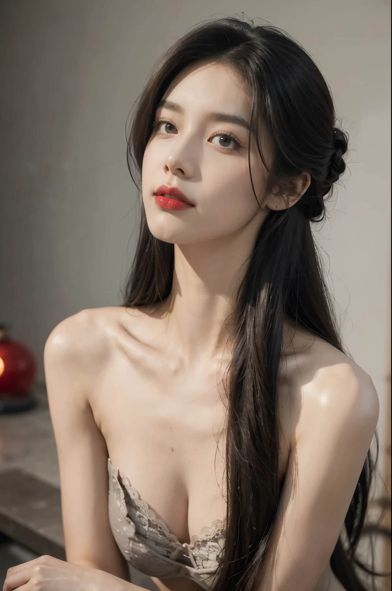 (((best quality))),(((ultra detailed))),(((masterpiece))),illustration,((1 beautiful girl,solo)),((slim,thin)),((small breasts,flat chest)),(shoulder length straight hair:1.2),summer afternoon,((unfinished concrete room,alluring,gray walls)),(strapless black lace bra:1.3),seductive,elegant,full bosom,fair skin,golden strands,delicate features,deep brown eyes,mischief,mystery,enchanting smile,vibrant red lips,serene beauty,self-assuredness,industrial ambiance,raw cement walls,exposed pipes,sexuality,allure,refined beauty,compelling visual narrative,seductive gaze,elegant posture,industrial backdrop,lasting impression,((from front,close-up of face))