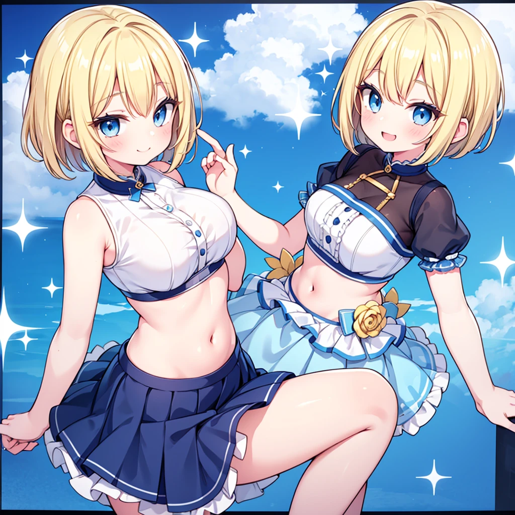 Jenna is a cute girl with short blonde hair and sparkling blue eyes. She's wearing a crop top and a short skirt that highlights her  frame. She's sweet and bubbly, always smiling and making others feel at ease.