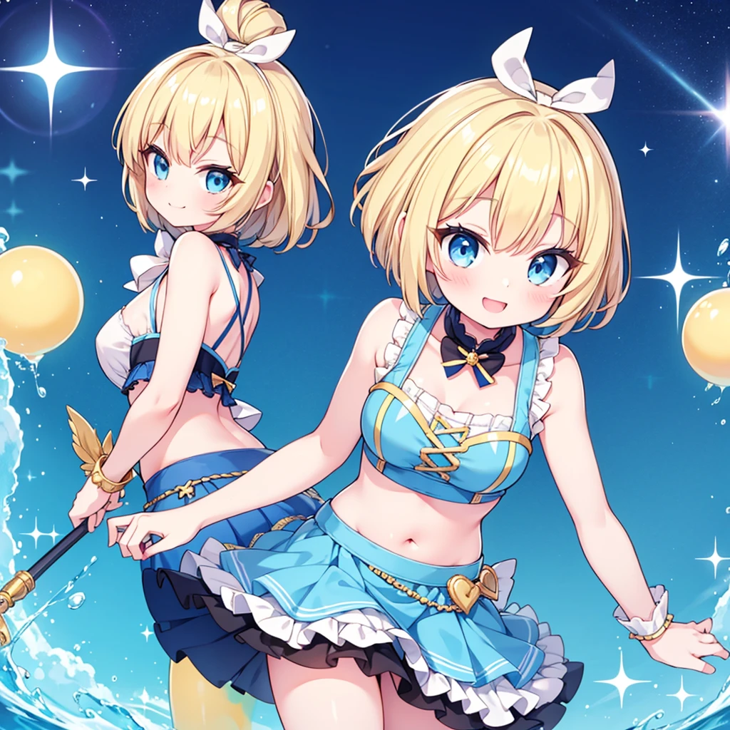 Jenna is a cute girl with short blonde hair and sparkling blue eyes. She's wearing a crop top and a short skirt that highlights her  frame. She's sweet and bubbly, always smiling and making others feel at ease.