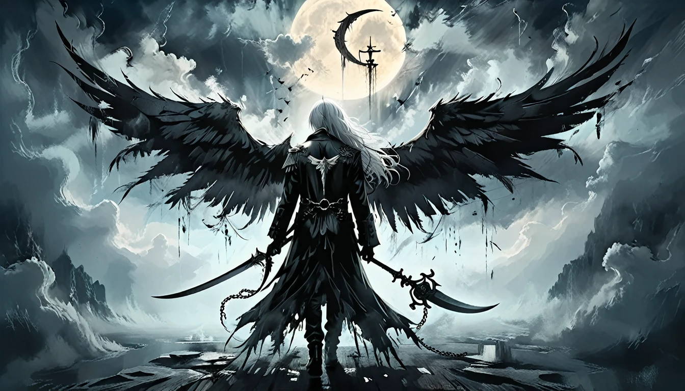 glare eyes, black mask,(work of art, best qualityer), (ung boy), (dark Angel, White hair, Black Wings, areola, rear view), (chains, tattered garments, holding the scythe), (standing in the clouds, ethereal background, floating symbols), (dramatic lighting, hight contrast, dynamic composition), (detailed wings, details Intricate, Apocalyptic theme), (uncanny, grim, mighty)