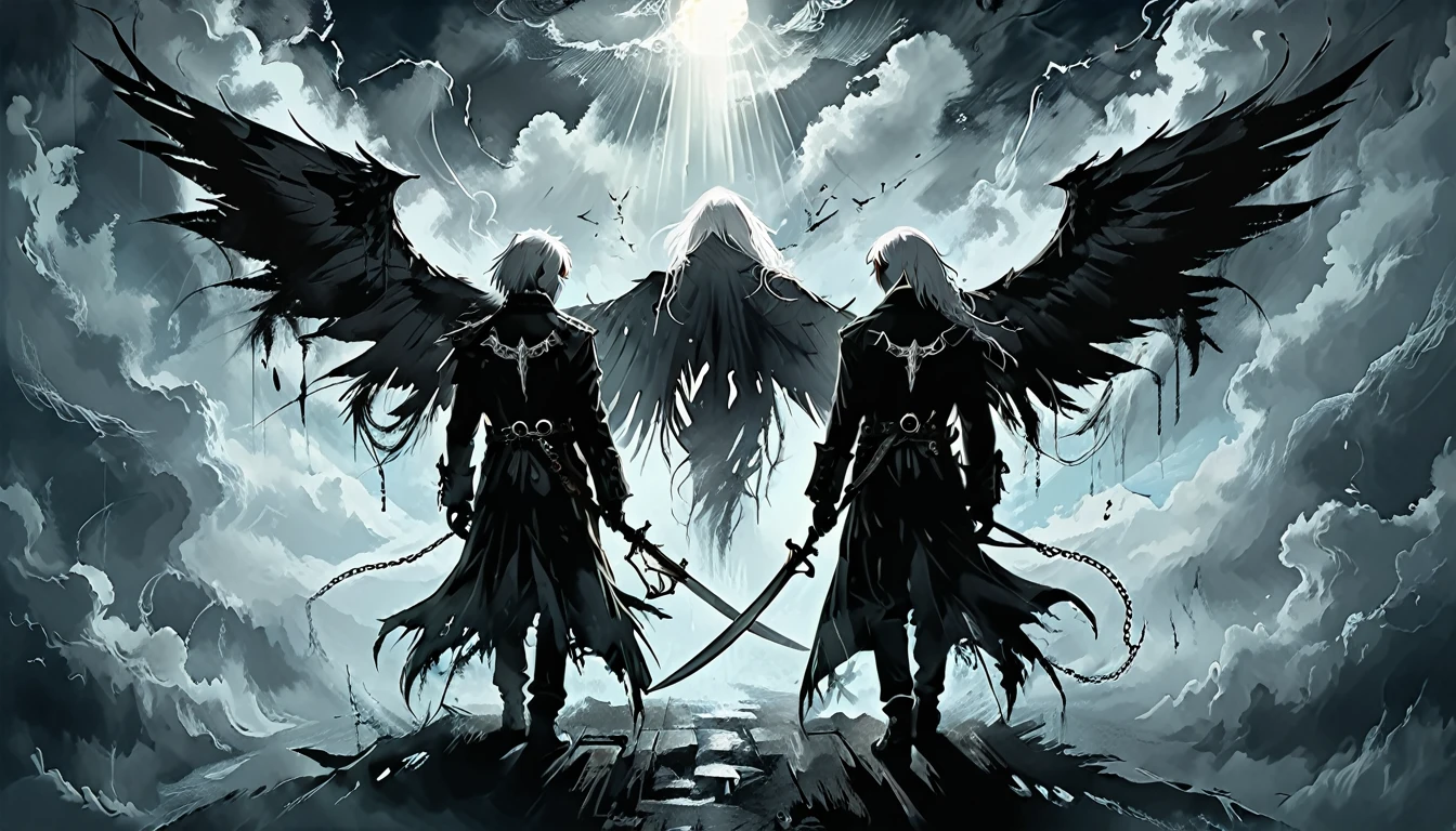glare eyes, black mask,(work of art, best qualityer), (1 young boy), (dark Angel, White hair, Black Wings, areola, rear view), (chains, tattered garments, holding the scythe), (standing in the clouds, ethereal background, floating symbols), (dramatic lighting, hight contrast, dynamic composition), (detailed wings, details Intricate, Apocalyptic theme), (uncanny, grim, mighty)