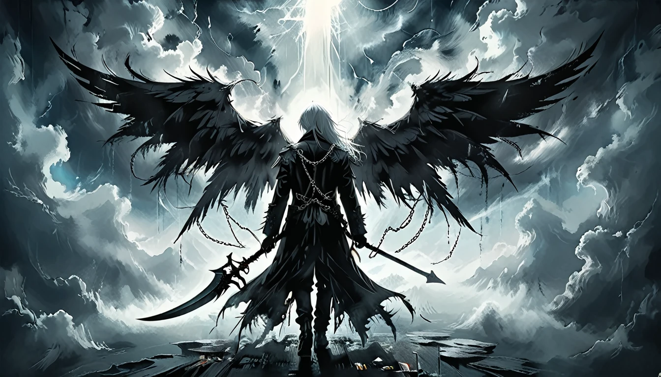 glare eyes, black mask,(work of art, best qualityer), (1 young boy), (dark Angel, White hair, Black Wings, areola, rear view), (chains, tattered garments, holding the scythe), (standing in the clouds, ethereal background, floating symbols), (dramatic lighting, hight contrast, dynamic composition), (detailed wings, details Intricate, Apocalyptic theme), (uncanny, grim, mighty)