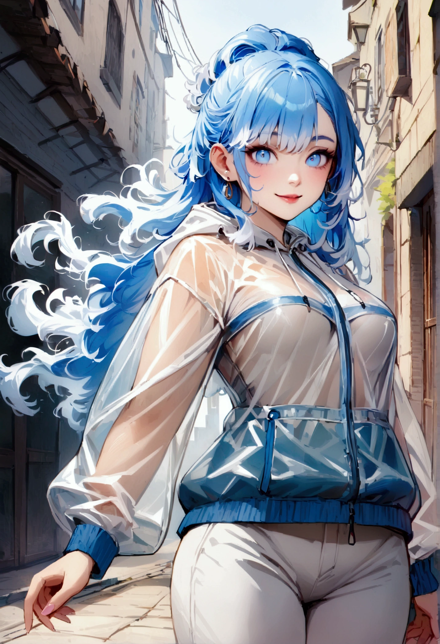 (Realistic painting style:0.9), ( painting style:0.9), (best quality), absurdres, looking at viewer, no pupils, (detailed eyes), alternate costume,(masterpiece), expressive eyes, perfect face, medium breasts,1girl JK, score_9, score_8_up, score_7_up, score_6_up, source_anime, 1girl, solo, KoboBase, blue eyes, long hair, blue hair, colored tips, white hair, earrings, white jacket, raincoat, see-through, cropped hoodie, drawstring, white pants, smile, outdoors, ,