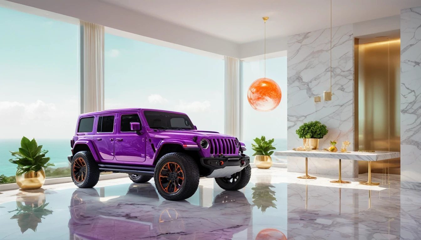 a futuristic house with a floresent green jeep wrangler parked in front of it, cgsocietywlop, beautiful curves, intricate devilish designs, qualia, interesting shapes & form, wow factor, elaborate polished, architectural rendering, miami, orange soft lighting in interior of house, futuristic battlefield, inspired by James E. Brewton, precise architectural rendering. minature sun on a pedestal. oranges on a white marble table, mist in background, 8k, photography style,a clear glass vase with orange bioluminescent fluid in them, on a white marble table, large red rubies and emeralds, fine jewels, scattered on the table, deep purple velvet drapes, bioluminescent, colorfull, glow, fluid, glowing, Appetizing, professional, culinary, high-resolution, commercial, highly detailed,neon hue, full of color, there are 12 white roses in a marble and gold vase, sunlite background, radiant 