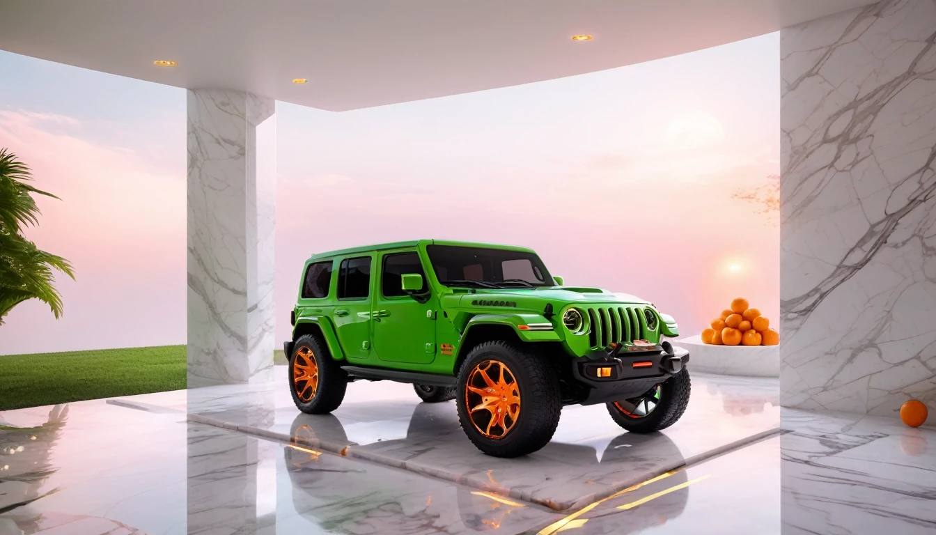 a futuristic house with a floresent green jeep wrangler parked in front of it, cgsocietywlop, beautiful curves, intricate devilish designs, qualia, interesting shapes & form, wow factor, elaborate polished, architectural rendering, miami, orange soft lighting in interior of house, futuristic battlefield, inspired by James E. Brewton, precise architectural rendering. minature sun on a pedestal. oranges on a white marble table, mist in background, 8k, photography style,a clear glass vase with orange bioluminescent fluid in them, on a white marble table, large red rubies and emeralds, fine jewels, scattered on the table, deep purple velvet drapes, bioluminescent, colorfull, glow, fluid, glowing, Appetizing, professional, culinary, high-resolution, commercial, highly detailed,neon hue, full of color, there are 12 white roses in a marble and gold vase, sunlite background, radiant