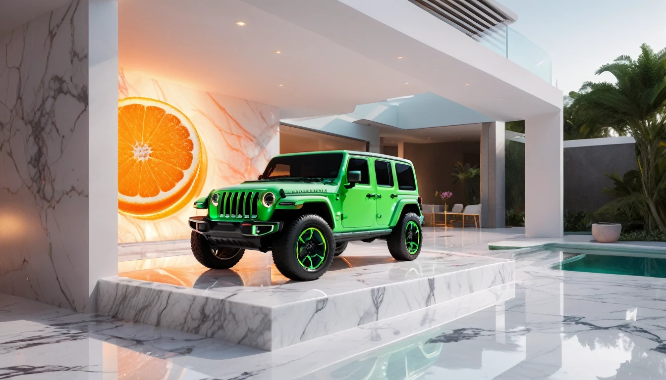 a futuristic house with a floresent green jeep wrangler parked in front of it, cgsocietywlop, beautiful curves, intricate devilish designs, qualia, interesting shapes & form, wow factor, elaborate polished, architectural rendering, miami, orange soft lighting in interior of house, futuristic battlefield, inspired by James E. Brewton, precise architectural rendering. minature sun on a pedestal. oranges on a white marble table, mist in background, 8k, photography style,a clear glass vase with orange bioluminescent fluid in them, on a white marble table, large red rubies and emeralds, fine jewels, scattered on the table, deep purple velvet drapes, bioluminescent, colorfull, glow, fluid, glowing, Appetizing, professional, culinary, high-resolution, commercial, highly detailed,neon hue, full of color, there are 12 white roses in a marble and gold vase, sunlite background, radiant 