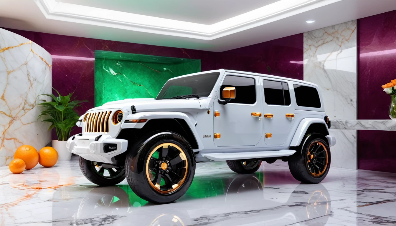a futuristic house with a floresent green jeep wrangler parked in front of it, cgsocietywlop, beautiful curves, intricate devilish designs, qualia, interesting shapes & form, wow factor, elaborate polished, architectural rendering, miami, orange soft lighting in interior of house, futuristic battlefield, inspired by James E. Brewton, precise architectural rendering. minature sun on a pedestal. oranges on a white marble table, mist in background, 8k, photography style,a clear glass vase with orange bioluminescent fluid in them, on a white marble table, large red rubies and emeralds, fine jewels, scattered on the table, deep purple velvet drapes, bioluminescent, colorfull, glow, fluid, glowing, Appetizing, professional, culinary, high-resolution, commercial, highly detailed,neon hue, full of color, there are 12 white roses in a marble and gold vase, sunlite background, radiant
