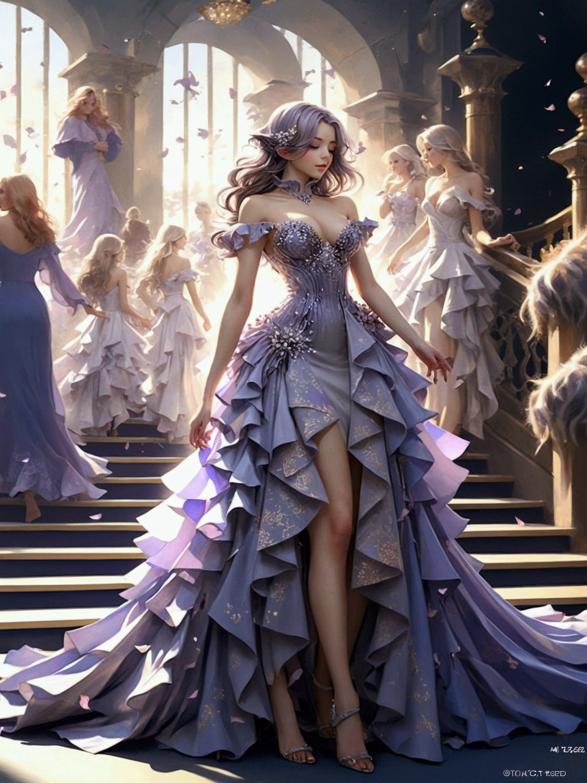 A very feminine white dress, full of elegance and beauty, with many ruffles and shine, the most beautiful and delicate dress for a beautiful woman, Attached to the body, long skirt, elegance, femininity, loveliness