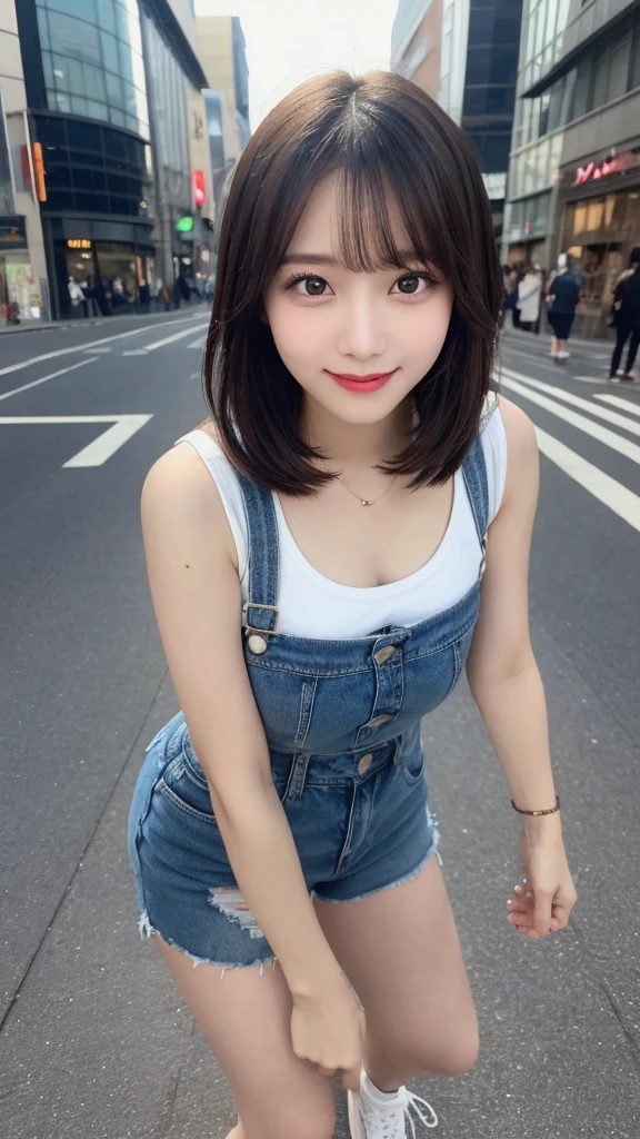 Highest quality, Very detailed, finely, High resolution, 8k wallpaper, Perfect dynamic composition, Beautiful and exquisite,ランダムなcute髪,,Natural color lip, Bold sexy pose,smile、20-year-old girl、cute、Looking into the camera,,Perfect and beautiful face,Slim face and figure,Beautiful thighs, Beautiful feet、Big eyes、Gal Makeup,Small face,Shooting from below、smile,,Elegant feminine face、Randomly change the shooting angle and position、smile、Top to bottom々Shoot from the right angle and direction、Sexy Face、Standing in the streets of Shibuya、Denim shorts、White sneakers