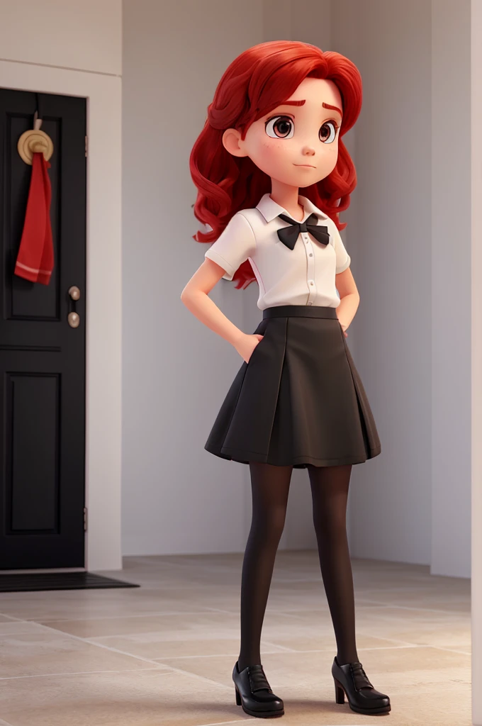 girl, ager, red hair, white shirt, strap, black tie, black skirt, black tights, black heels