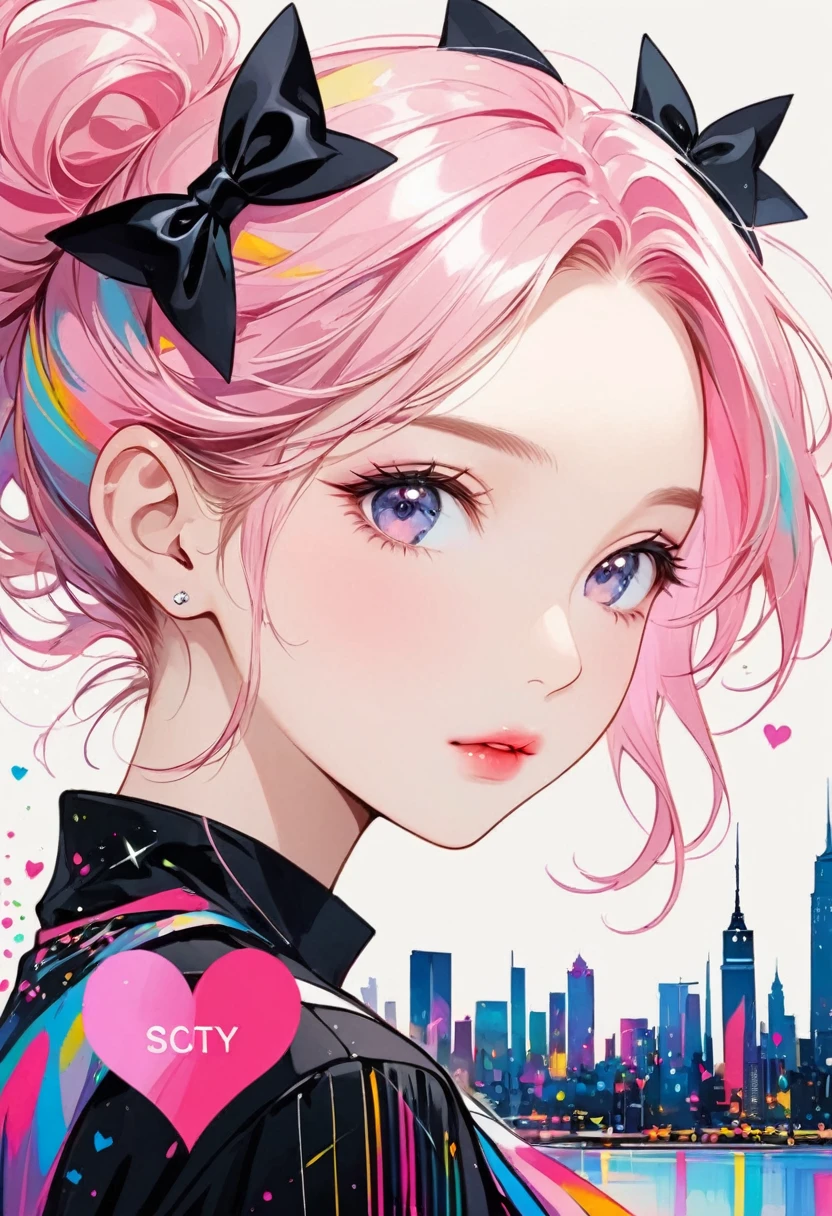 Black star pink and white style, Simple Line Acronym，Abstract Art，City background, (((The most beautiful girl ever))), Sweet face. Loving lips, Colorful Heart, Stylish design