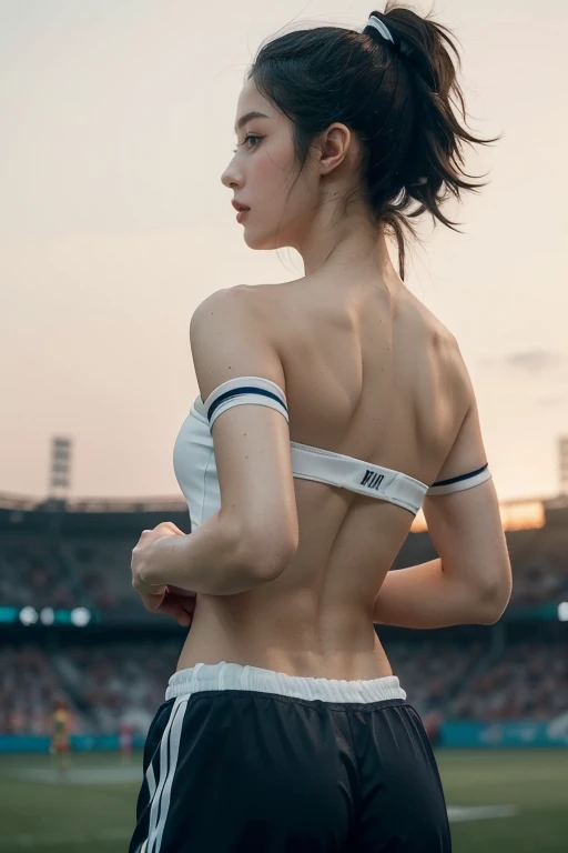 (((best quality))),(((Extremely detailed))),(((masterpiece))),illustration,((1 beautiful girl,female footballer,Solitary)),((Shoulders off the ground,Strapless,Bare back,Towering hips,Butt cracks)),((Slim,Thin)),Summer Night,stadium,Crowded stands,Enthusiastic audience,football match,(Short Ponytail:1.2),(Short sleeve:1.2),((England jersey,White shirt,Navy shorts)),(Long legs:1.2),(football:1.3),Smooth movements,powerful,Sweat,forehead,exhausted,passion for football,Running with a purpose,Electrical atmosphere,The crowd roared,,pressure,Unhindered,floodlight,Luminescence,Long shadows,drama,Stunning sight,Raw passion,Unlimited Energy,determination,Skill,The embodiment of sportsmanship,strength,Human resilience,(permanent:1.3),((From the back,Upper Body))
