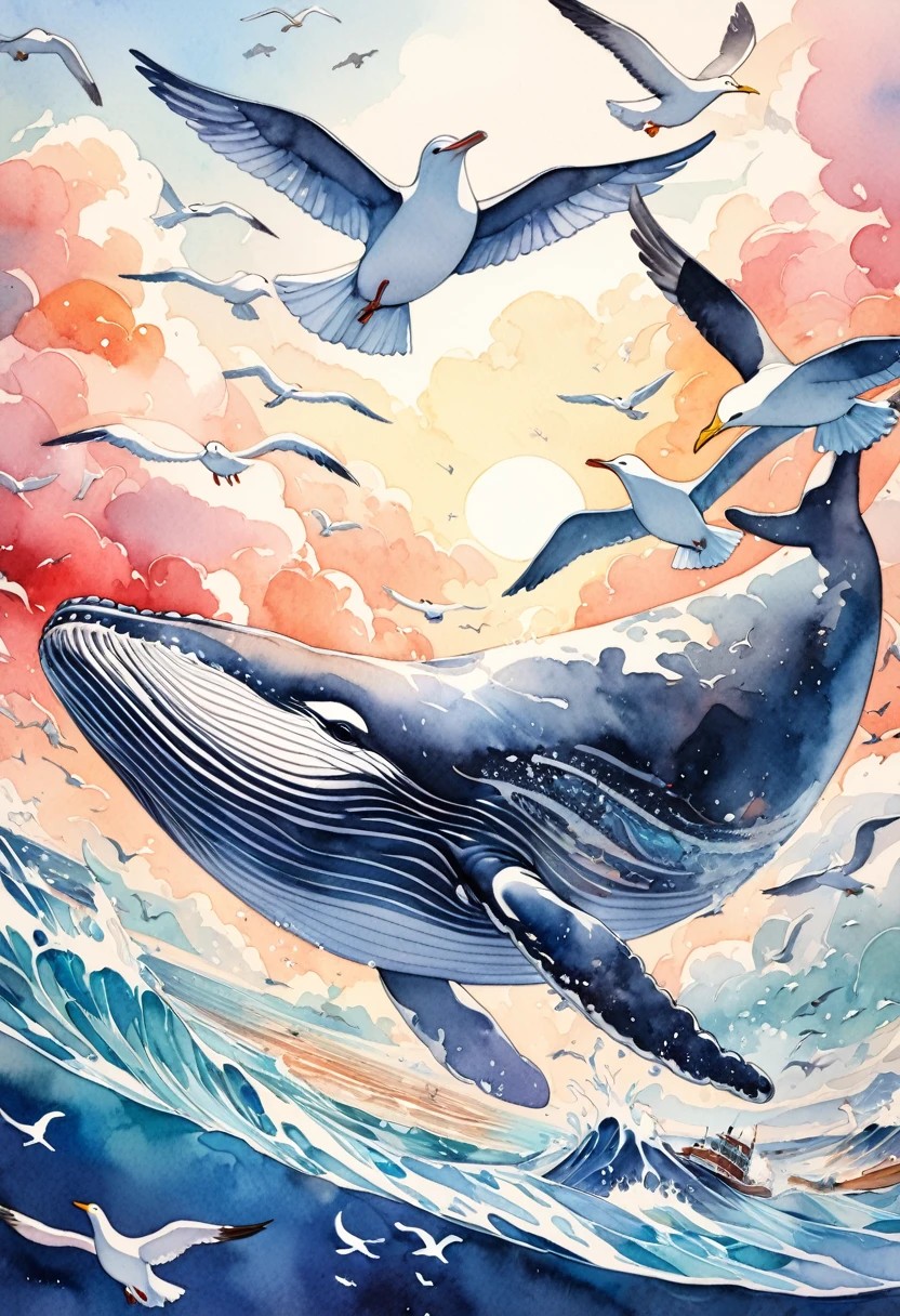 humpback whale flying gracefully in the sky with seagulls, whale enjoying a friendly flying in the sky, beautiful intricate marine art illustration, vibrant colors, 16k, watercolor, masterpiece