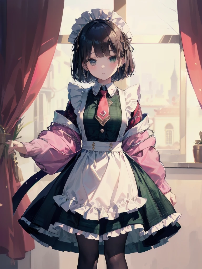 Legendary masterpieces、absolute resolution、Super detailed and realistic stick、one boy. 、cute boy、white brim、Cute pink big ribbon、(pink&Dark green plaid Victorian maid dress made of taffeta fabric, mainly shantung fabric and organdy fabric with beading processing.、:1.5)、With raschel stretch lace or tulle at the hem of the dress、(Gold buttons on the front:1.2)、(frills、red tie、White jacquard blouse:1.4)、(Peach cardigan with loop yarn and glitter、cable knit patterns:1.3)、(Shiny black tights denier２０:1.1)、One length bob cut braid black hair、Fine silky smooth hair、super detailed soft costume，