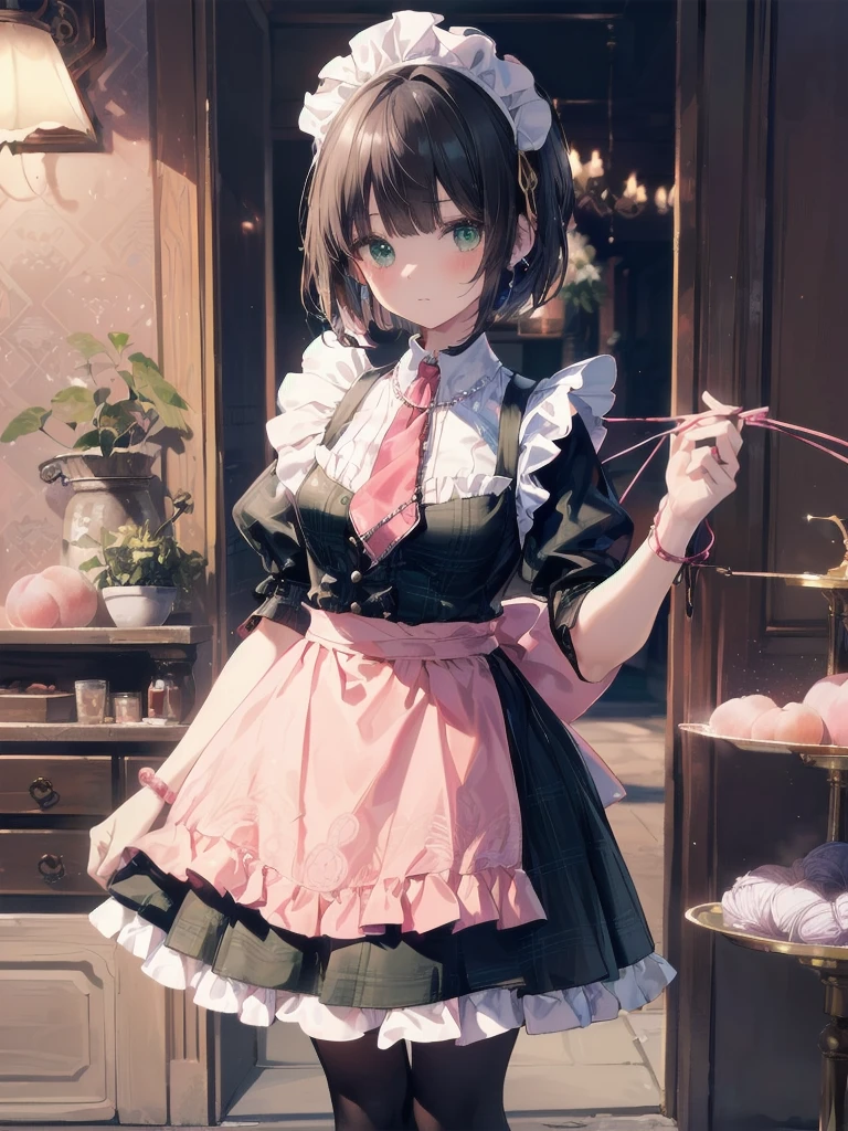 Legendary masterpieces、absolute resolution、Super detailed and realistic stick、one boy. 、cute boy、white brim、Cute pink big ribbon、(pink&Dark green plaid Victorian maid dress made of taffeta fabric, mainly shantung fabric and organdy fabric with beading processing.、:1.5)、With raschel stretch lace or tulle at the hem of the dress、(Gold buttons on the front:1.2)、(frills、red tie、White jacquard blouse:1.4)、(Peach cardigan with loop yarn and glitter、cable knit patterns:1.3)、(Shiny black tights denier20:1.1)、One length bob cut braid black hair、Fine silky smooth hair、super detailed soft costume,