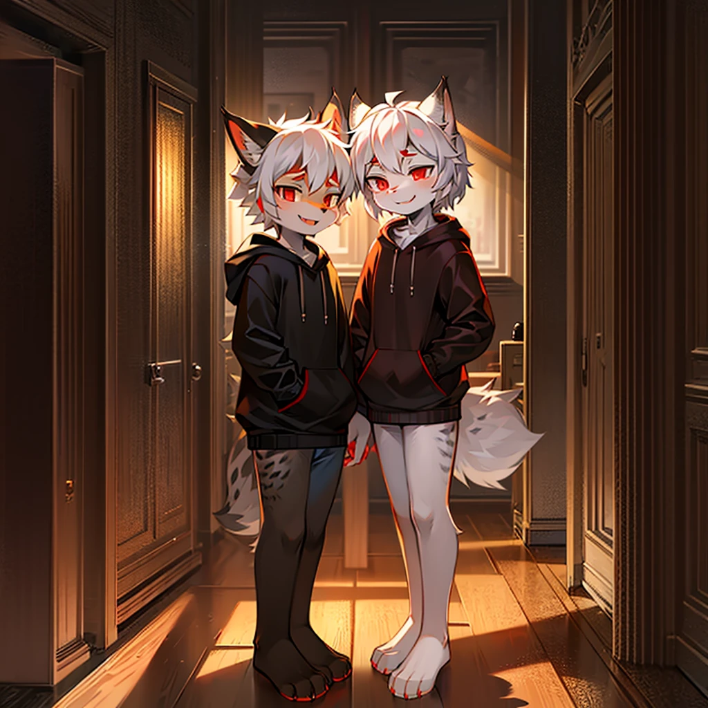 Fluffy,male,About 16 years old,Lynx,White hair,Red eyes,Orange pattern,Disdainful laughter,Yellow and black hoodie,Half-length photo