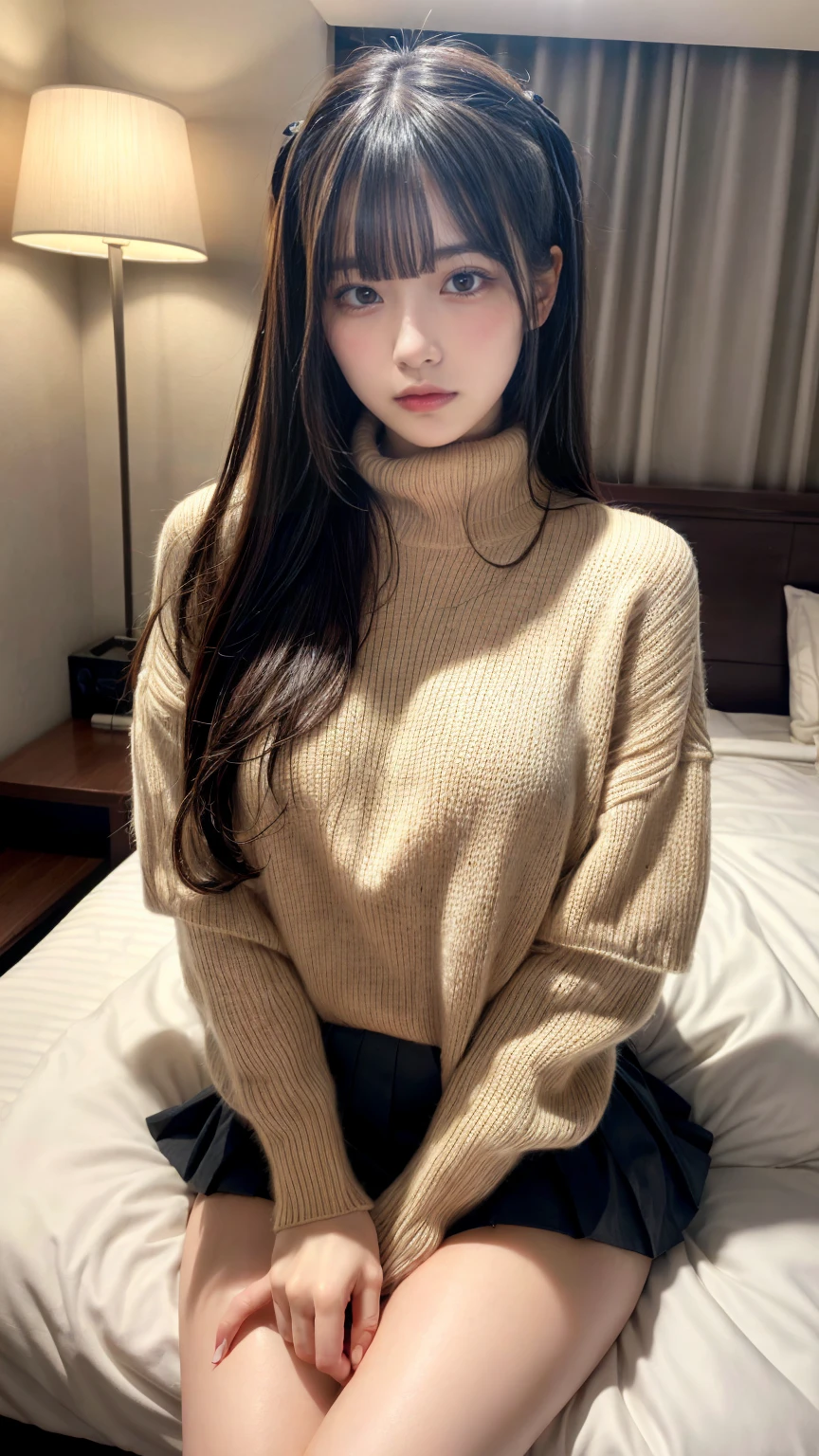 masterpiece, best quality, illustration, Super detailed, fine details, High resolution, 8K,wall paper, perfect dynamic composition,(Details High quality, realistic depiction of eyes:1.3), Oversized turtleneck light beige sweater, pleated skirt, straight hair, large breasts, black hair color, Big Natural Color Lip, (perfect body shape), crying a little、cold gaze, Harajuku style、20 year old girl、cute type、lolita、beautiful legs, hotel room, Gravure Idol, Voluptuous thighs