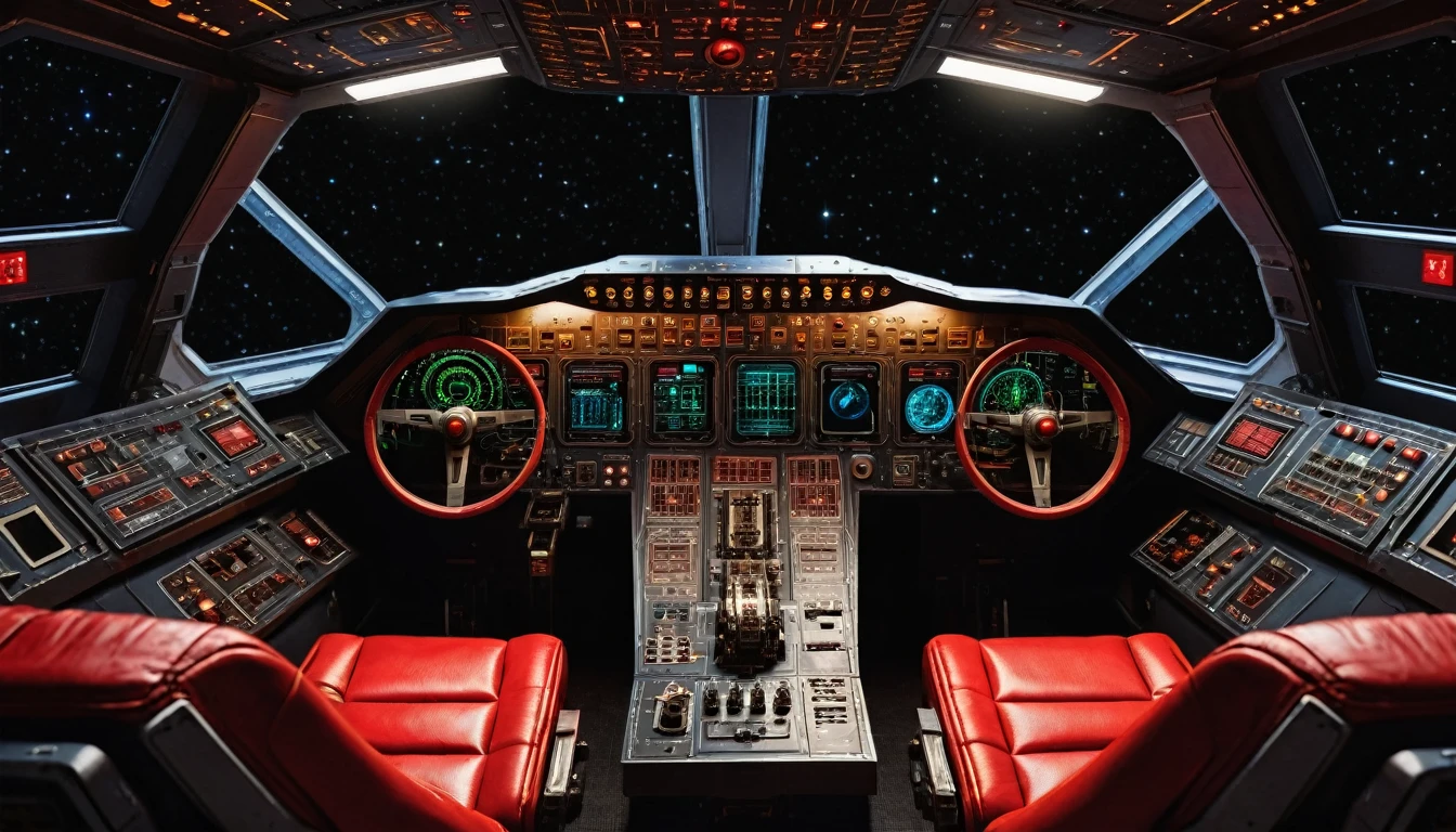 (masterpiece),(highest quality), highres, (extremely detailed), View from drivers seat, Spaceship cockpit, spaceship controls, black outer space background though the window, black starry background, Soviet Emblem logo, Soviet aesthetic, soviet sci-fi, Symmetrical environment, spaceship bridge, realistic, crisp image quality