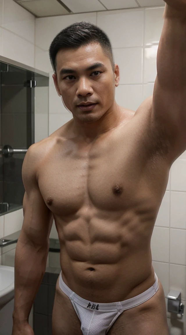 Japanese muscle man，Muscular，There are muscle lines，Brush Cut，Upper body naked，Wearing a white jockstrap，surely、Indoor shooting、Selfie、Public toilet