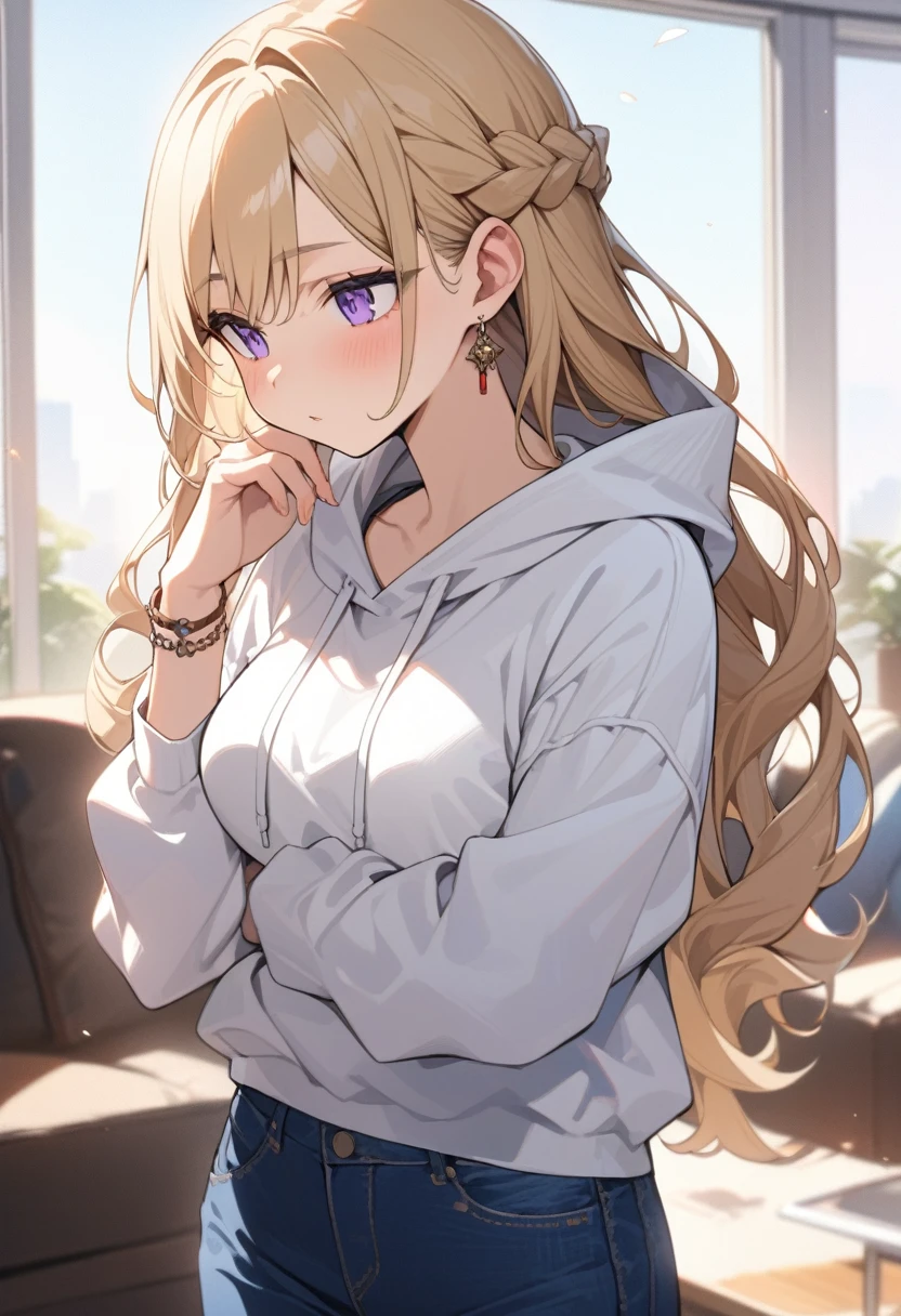 masterpiece, best quality, extremely detailed, ultra detailed, flat anime, 2D,
1girl, (young adult:1.2),blonde hair, (semi-long hair:1.2), curly hair, french braid, medium breasts, purple eyes, tsurime, height 1.7meters,
white hooded sweatshirt, jeans, earring,bracelet, long sleeves,socks,
Chin in hand.,jitome,very interesting,
upper body, portrait,
summer, livingroom, 12AM., standing