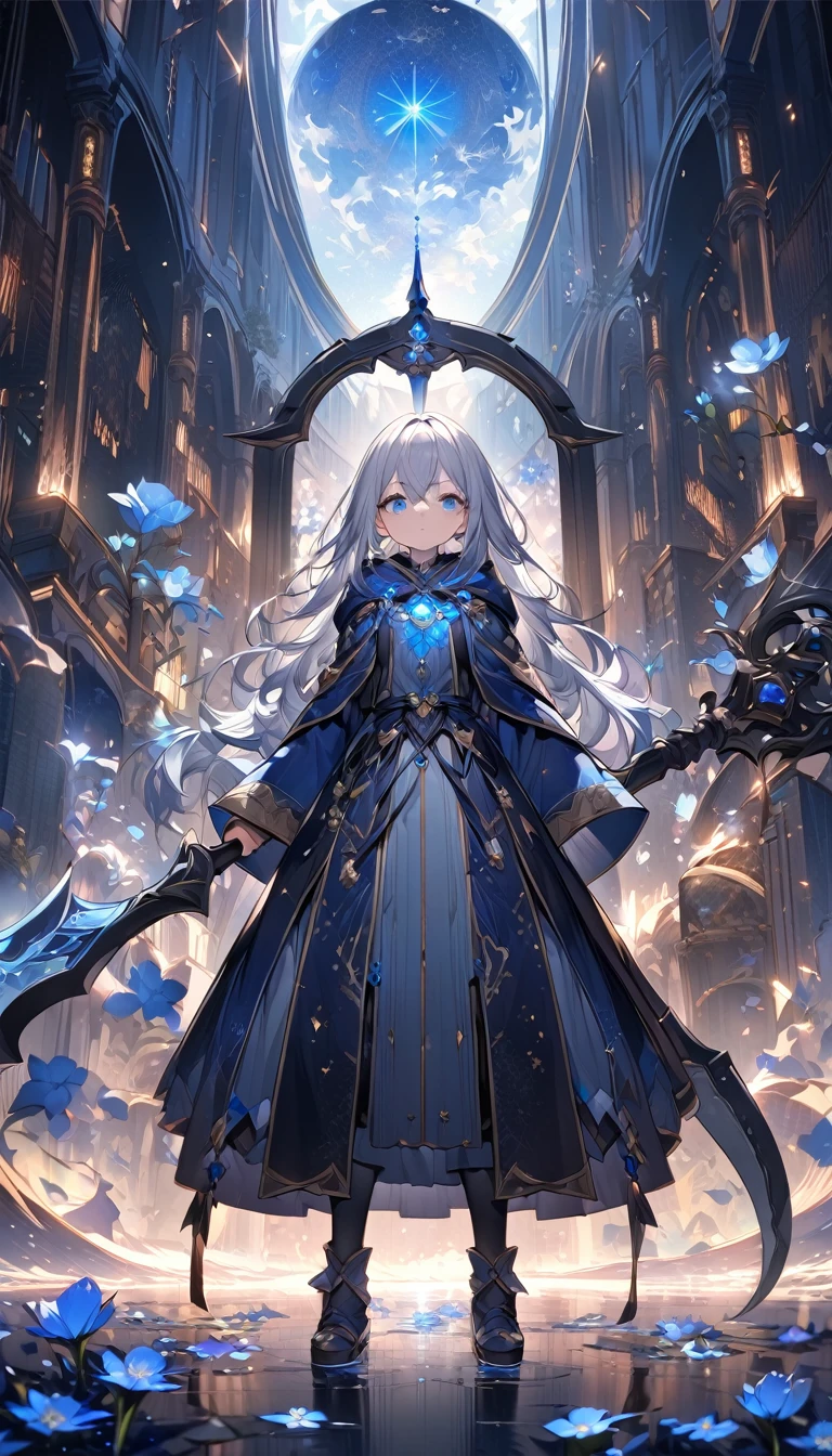 Highest quality,masterpiece,Detailed Details,Super detailed,colorful,The background is dark blue water,Transparency,Use HDR technology to create a sense of depth,beautiful,beautiful自然,Sacred atmosphere,8-year-old girl,Alone,Wearing starry wizard robes,Stand in the center of the screen,The whole body faces this way,Look diagonally forward to the left,holding a scythe,A scythe blade made from a blue gem,A scythe handle made from a black gem.,Holding a scythe ostentatiously,beautiful造形,Quiet Anger,The action of attacking,Narrow eyes,mysterious,Long silver hair decorated with blue flowers,Fantasy atmosphere,beautiful虹色の蝶々is flying in the air,Magnificent worldview