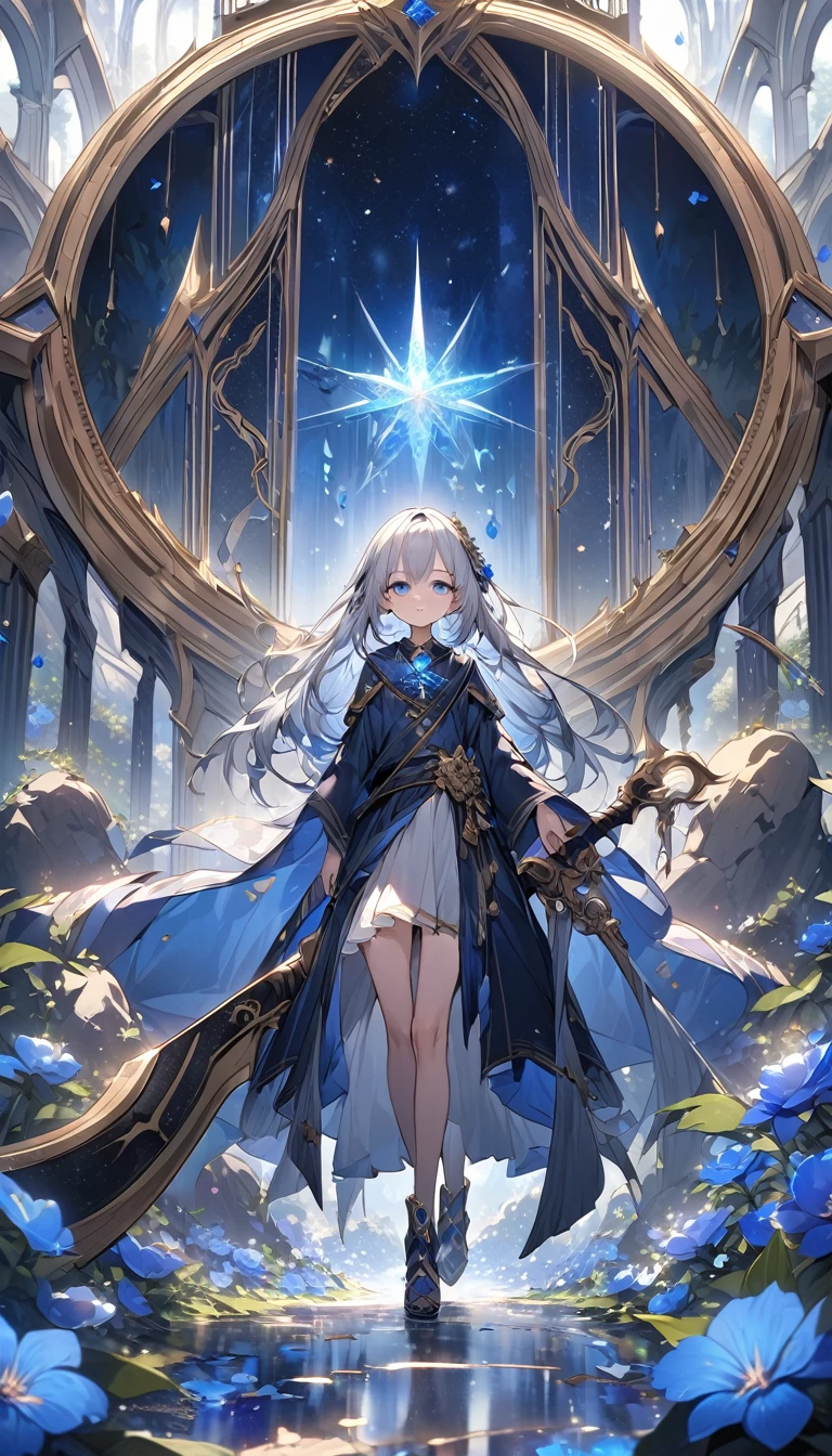 Highest quality,masterpiece,Detailed Details,Super detailed,colorful,The background is dark blue water,Transparency,Use HDR technology to create a sense of depth,beautiful,beautiful自然,Sacred atmosphere,8-year-old girl,Alone,Wearing starry wizard robes,Stand in the center of the screen,The whole body faces this way,Look diagonally forward to the left,holding a scythe,A scythe blade made from a blue gem,A scythe handle made from a black gem.,Holding a scythe ostentatiously,beautiful造形,Quiet Anger,The action of attacking,Narrow eyes,mysterious,Long silver hair decorated with blue flowers,Fantasy atmosphere,beautiful虹色の蝶々is flying in the air,Magnificent worldview