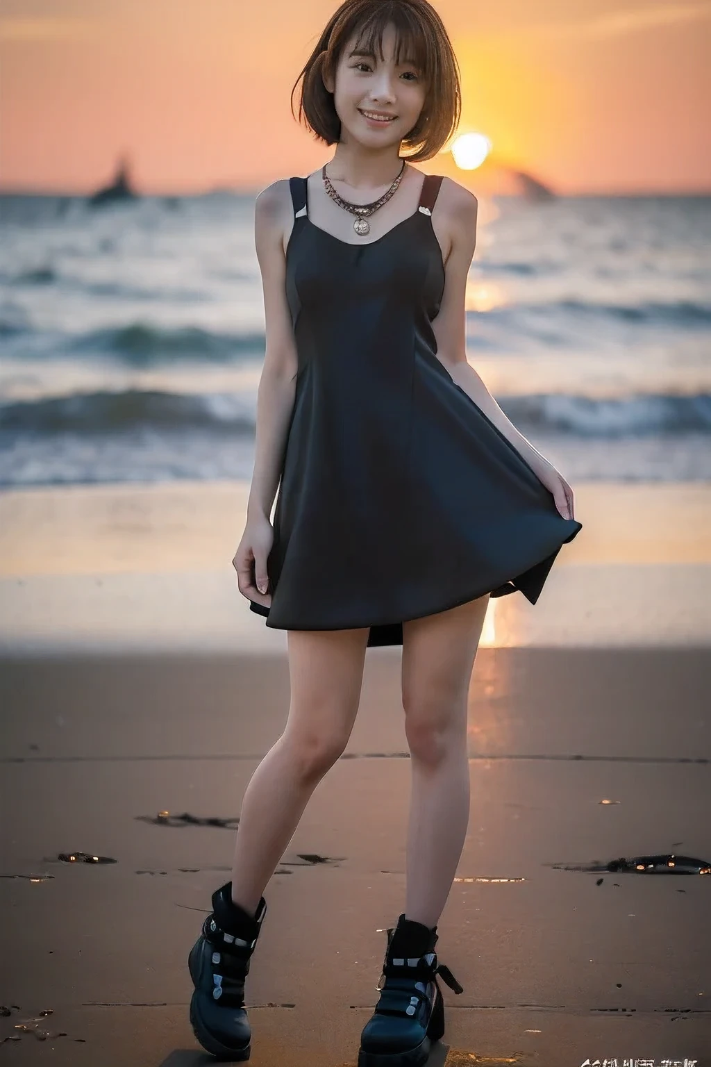 (Embracing each other with my boyfriend on the beach、Standing watching the sunset:1.5)、(A kind smile:1.5)、(18-year-old female:1.5)、(The best quality at its best:1.4), (Super detailed), (Very detailed CG unified 16k), Beautiful woman with perfect figure: 1.4, Sharp focus: 1.2, Very detailed, High-quality RAW color photos, Professional photography, Great face and eyes, cosmetics, (Amazingly beautiful girl), ((Cute black dress:1.5)), Realistic movie faces, Full body long view from head to toe, Realistic, ((Realistic natural orange red hairstyle)), ( Short Bob Hair:1.5), (necklace:1.5)、, Very beautiful face, Perfect model beauty, Mouth swelling, Highly detailed face and skin texture, Fine grain, double eyelid, Medium chest, (masterpiece), Highest quality, High resolution, Very detailed, Blurred Background, Depth of written boundary, Cinema Lighting, Great legs, , Clear, well-maintained skin,((Full body shot from head to toe:1.5))