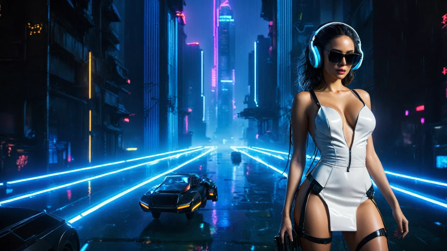 (aerial view, a flying cars docking platform, a very dark abandoned futuristic city, neon lights), rainy night. (((1girl, solo, alone))), large-breast:1.2 slim body, cleavage:1.1, sexy wind blowing wet dress:1.4, (((((headphone, black sunglasses, standing and holding pistol:1.8, dynamic rushing pose))))), (((((half-body thigh level medium shot))))), cinematic lighting, lens flare, ray tracing.