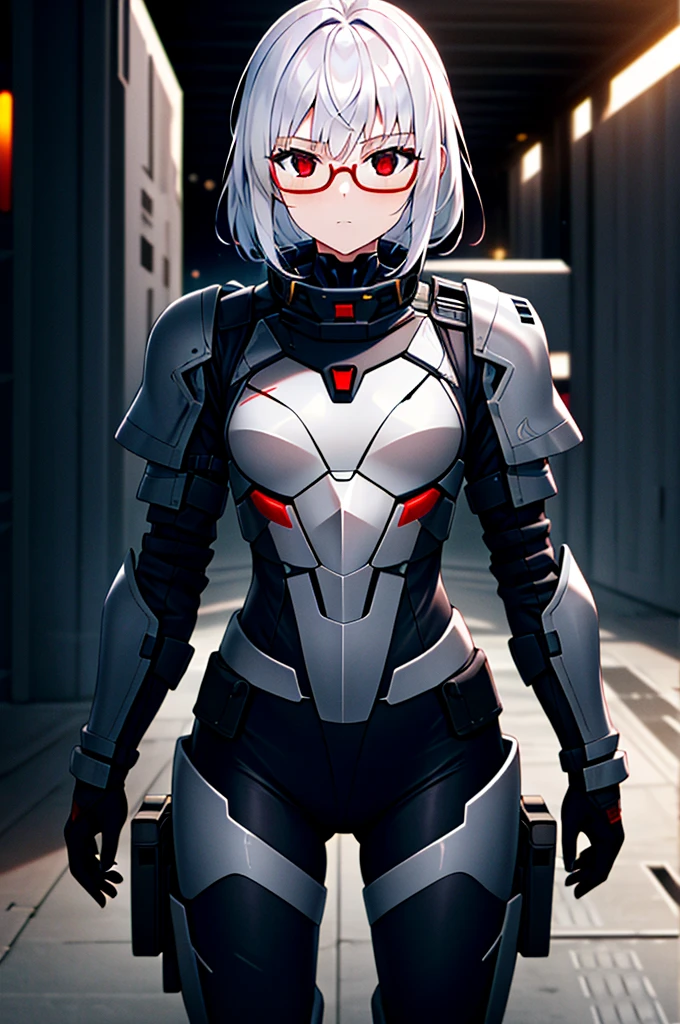 Masterpiece, solo, female, 1girl, 4k, standing, outdoor, white hair, white glasses, short, futuristic black soldier armor, cowboy shot's, Bokeh,red eyes, female soldier, bulletproof soldier armor, flat breast, flat chest, mature women, space soldier armor, guns holster 