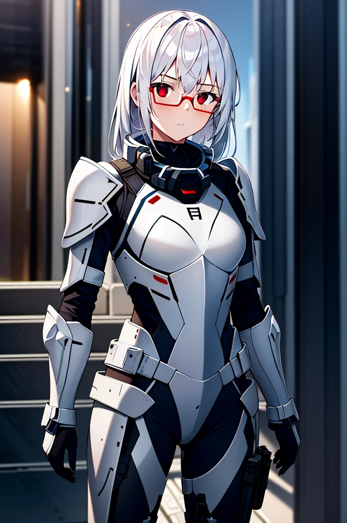 Masterpiece, solo, female, 1girl, 4k, standing, outdoor, white hair, white glasses, short, futuristic black soldier armor, cowboy shot's, Bokeh,red eyes, female soldier, bulletproof soldier armor, flat breast, flat chest, mature women, space soldier armor, guns holster