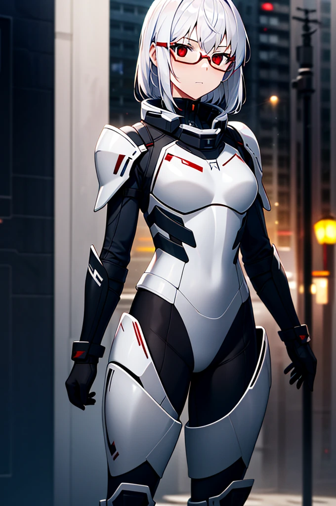 Masterpiece, solo, female, 1girl, 4k, standing, outdoor, white hair, white glasses, short, futuristic black soldier armor, cowboy shot's, Bokeh,red eyes, female soldier, bulletproof soldier armor, flat breast, flat chest, mature women, space soldier armor, guns holster