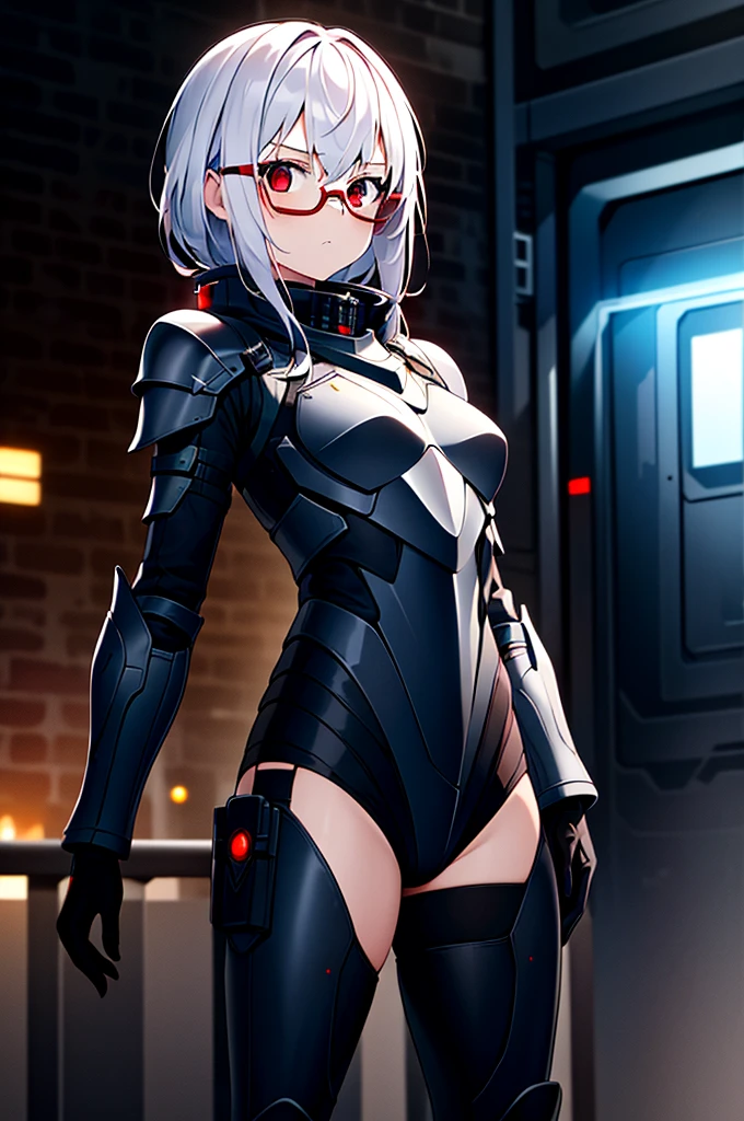 Masterpiece, solo, female, 1girl, 4k, standing, outdoor, white hair, white glasses, short, futuristic black soldier armor, cowboy shot's, Bokeh,red eyes, female soldier, bulletproof soldier armor, flat breast, flat chest, mature women, space soldier armor, guns holster 