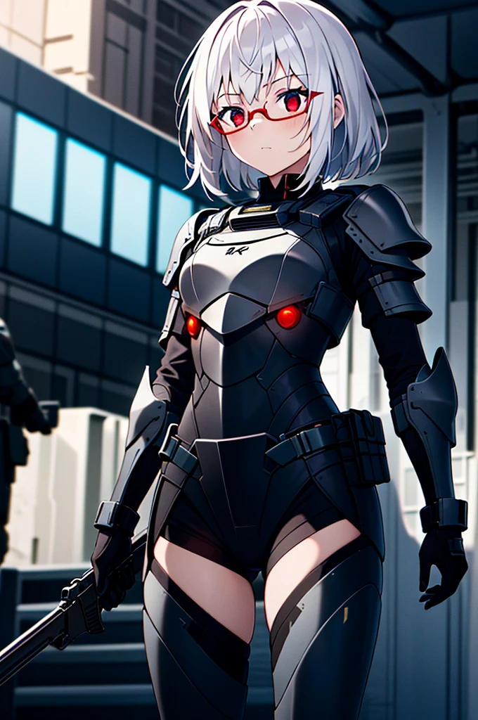 Masterpiece, solo, female, 1girl, 4k, standing, outdoor, white hair, white glasses, short, futuristic black soldier armor, cowboy shot's, Bokeh,red eyes, female soldier, bulletproof soldier armor, flat breast, flat chest, mature women, space soldier armor, guns holster 