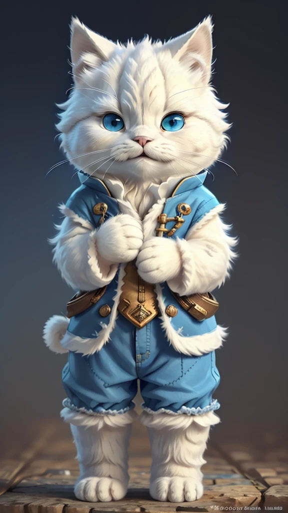 highest quality,Very detailed,Realistic,(photoRealistic:1.2),Anthropomorphic performance、Shaggy white cat,Adorable,soft,fuzzy,Playful,Expressive blue eyes,small, Rounded body,Small feet、Warm lighting,Are standing、suit、

