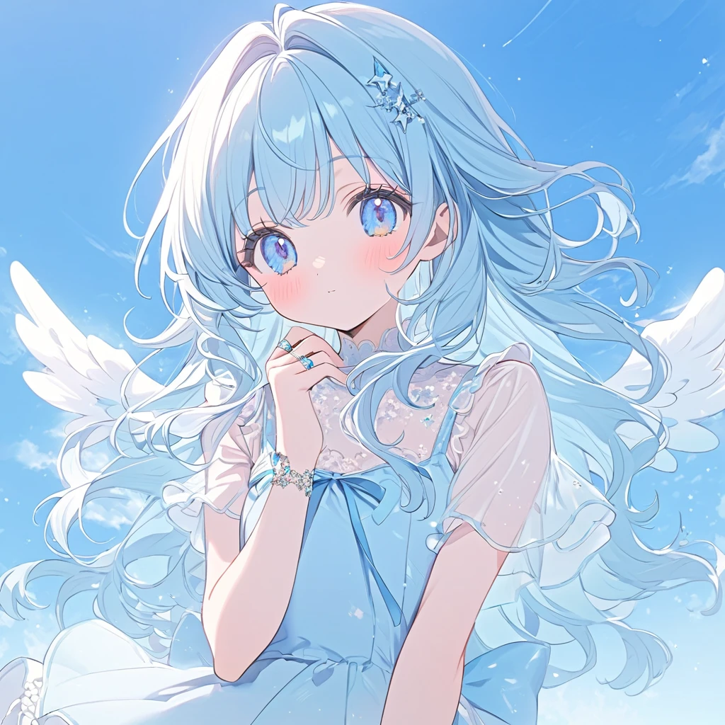 sky blue Angel, sky blue ribbon, pastel sky blue angel ring, sky blue one-piece,sky blue and angel wings, cute pastel sky blue background ,sky blue long Curl hair,glitter sky blue eyes